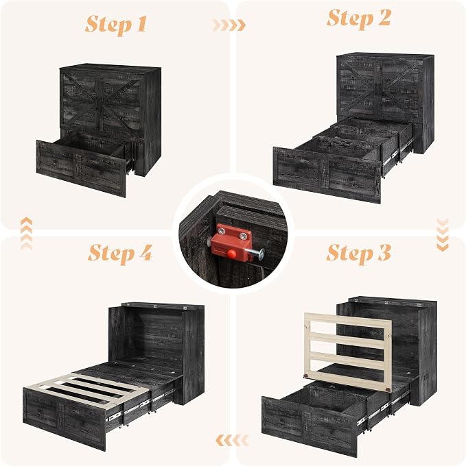 AMERLIFE Twin Murphy Bed Cabinet with Charging Station and Storage Drawer, Farmhouse Foldable Platform Bed for Home Office, Apartment, Small Spaces, Black Oak