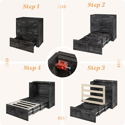 AMERLIFE Twin Murphy Bed Cabinet with Charging Station and Storage Drawer, Farmhouse Foldable Platform Bed for Home Office, Apartment, Small Spaces, Black Oak