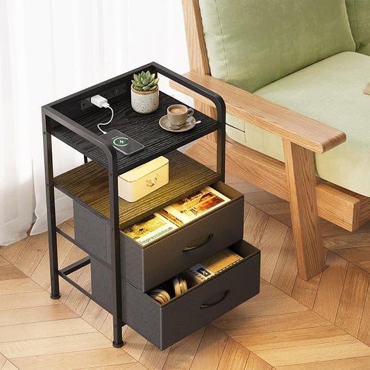 Fixwal Night Stand for Men Bedroom with 2 Fabric Storage Drawers and Shelves, Nightstand with Charging Station & LED Lights, Black