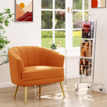 Andeworld Velvet Accent Chair Set of 2, Upholstered Modern Single Sofa Side Chair,Comfy Barrel Club Living Room Armchair with Golden Metal Legs for Bedroom Living Reading Room Office, Orange
