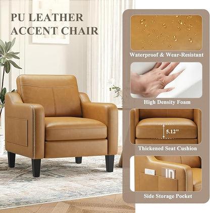 MALOL PU Leather Accent Chair, Mid-Century Modern Living Room Armchair Sofa with Removable Cushions, Solid Wood Frame & Stitched Armrest Design, Bedroom Chair with Plastic Legs, Brown
