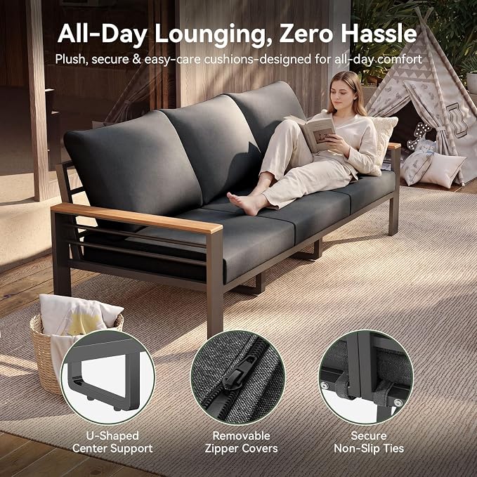 Aoxun Patio Furniture Set, Aluminum Patio Set with Fire Pit Table and 5" Thicken & Washable Cushion, Waterproof Outdoor Furniture, Outdoor Couch Sectional for Backyard (5 Seats/F, Dark Grey)