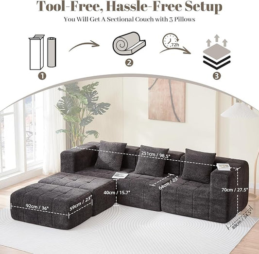 Modular Sectional Sofa with Deep Seat, 98'' Seater Boneless Cloud Couch No Assembly Required, Modern Plush Corduroy Cloud Couches for Living Room & Apartment (3 Seat w/ 2 Ottoman), Grey