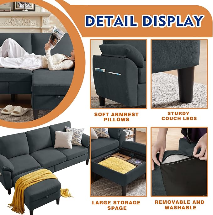 4 Piece Convertible Sectional Sofa Set, Modern Linen Small L Shaped Couch with Reversible Chaise, 3-Seater Sofa & Loveseat & Armchair for Living Room, Office, Apartment, Dark Grey