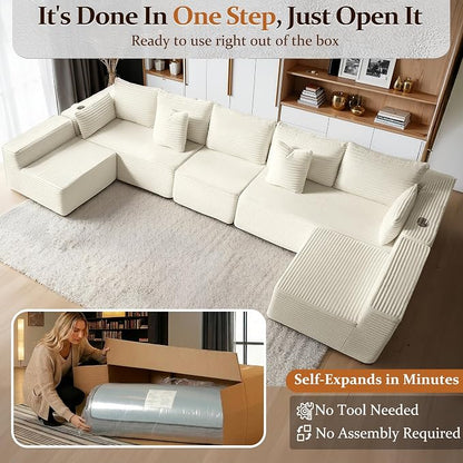 168" Cloud Sectional Couch, Comfort U Shaped Sofa for Living Room, Extra Deep Seats No Assembly, Minimalist Modular Couch, Corduroy (Cream, 7 Seats,U-Shape B)