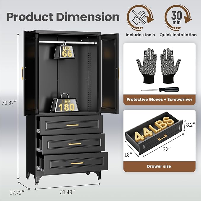 Metal Wardrobe Cabinets with 3 Drawers,Black Armoire Wardrobe Closet with Hanging Rod,Clothes Storage Cabinet with Adjustable Shelves and Doors,Clothing Cabinet for Bedroom,Laundry Room