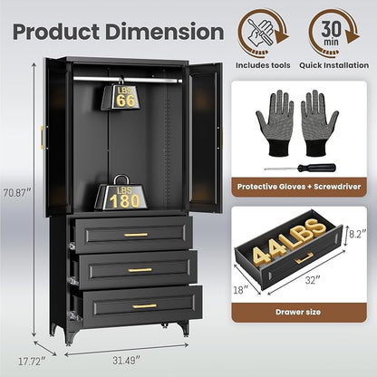 Metal Wardrobe Cabinets with 3 Drawers,Black Armoire Wardrobe Closet with Hanging Rod,Clothes Storage Cabinet with Adjustable Shelves and Doors,Clothing Cabinet for Bedroom,Laundry Room