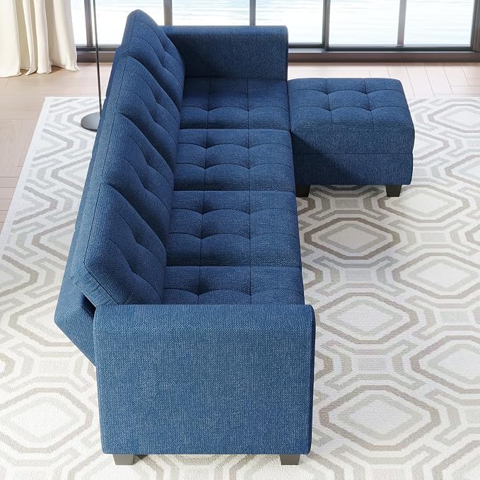 Belffin Blue L Shape 5 Seat Sofa with Storage, Reversible Chaise, Modern Sectional Cotton Polyester Wood Sofa