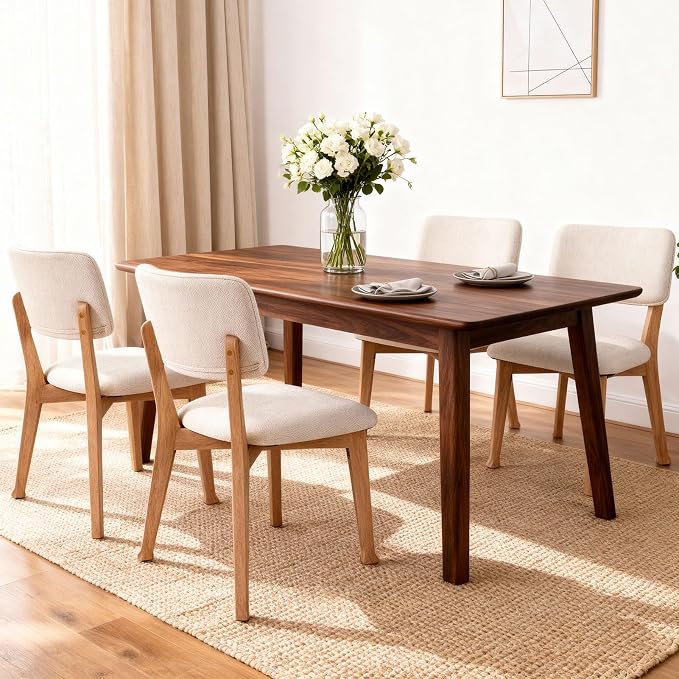 Wooden Dining Chairs Set of 6, Mid Century Modern Kitchen Chairs with Fabric Upholstered and Curved Backrest for Dining Room, Restaurant/Cafe, 300LBS Capacity, Natural