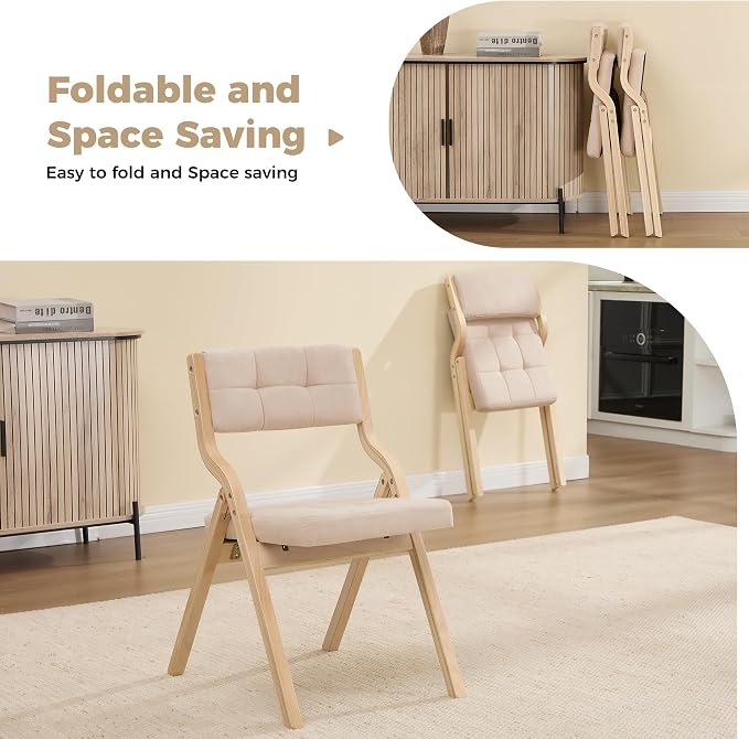 Folding Dining Chairs with Cushion Set of 2,Padded Foldable Dining Chairs,Portable Wooden Folding Chairs with Seat for Dining Rooms Kitchen Wedding Party Indoor Linen Khaki
