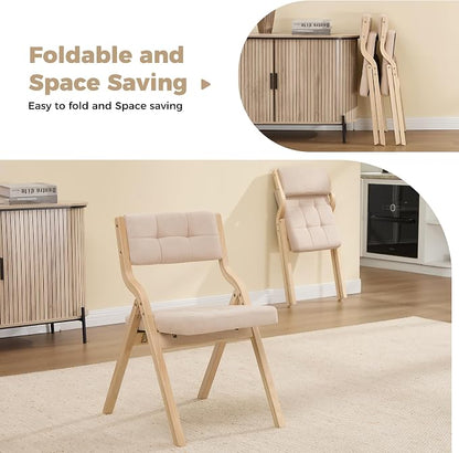 Folding Dining Chairs with Cushion Set of 2,Padded Foldable Dining Chairs,Portable Wooden Folding Chairs with Seat for Dining Rooms Kitchen Wedding Party Indoor Linen Khaki