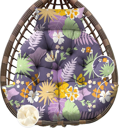 Outdoor Hanging Egg Chair Cushion Replacement, Extra Large Waterproof Egg Swing Cushions with Headrest Pillow and Ties, U-Shaped Thickened Cushion for Hanging Eggs Chair (Purple Floral Leaf)