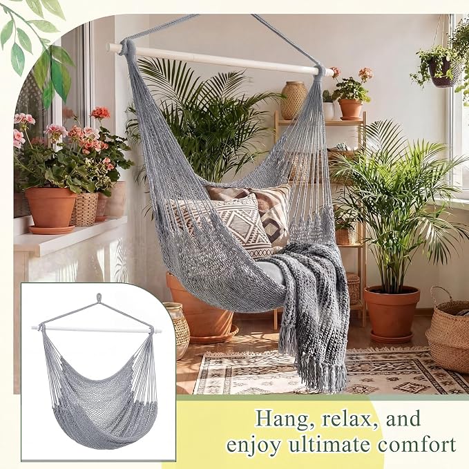 Barydat 2 Pcs Hanging Hammock Chair Boho Swing Chair Outdoor Indoor Comfy Soft Cotton Rope Weaving with 40 Inch Detachable Metal Bars for Backyard Living Room Garden, 270lb Capacity (Light Gray)