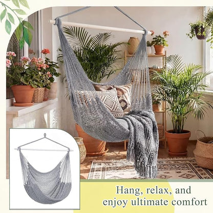 Barydat 2 Pcs Hanging Hammock Chair Boho Swing Chair Outdoor Indoor Comfy Soft Cotton Rope Weaving with 40 Inch Detachable Metal Bars for Backyard Living Room Garden, 270lb Capacity (Light Gray)