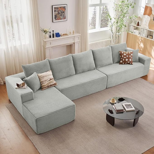 166.9" Cloud Sectional Couch with L-Shape Chaise, Modern Modular Comfy Sofa Chaise Longue, Upholstered Corduroy Couches Sleeper with Deep Seat for Living Room Bedroom, No Assembly Required, Grey