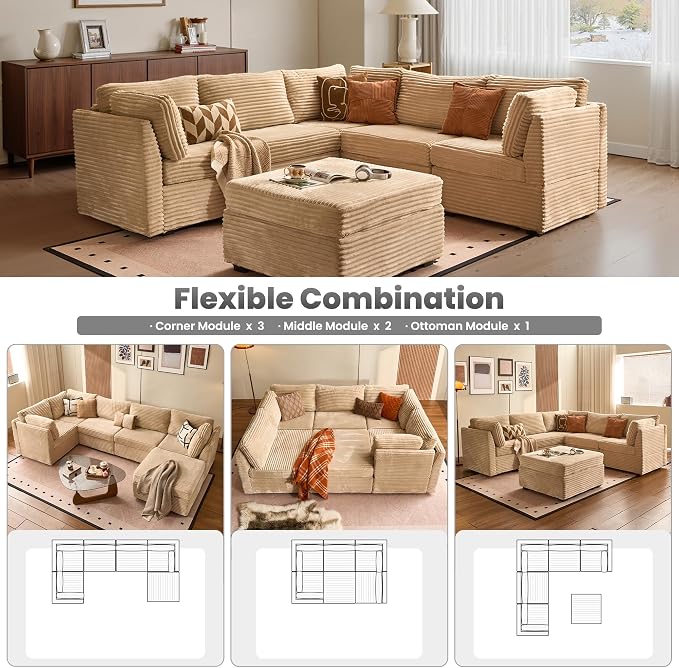 ovios Modular Sectional Sofa Couch with L-Shape Chaise Ottoman, Comfy Plush Corduroy Cloud Couches, Modern Luxury Deep Seat Sofas Set for Living Room, 6-Seater, Beige