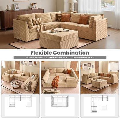 ovios Modular Sectional Sofa Couch with L-Shape Chaise Ottoman, Comfy Plush Corduroy Cloud Couches, Modern Luxury Deep Seat Sofas Set for Living Room, 6-Seater, Beige