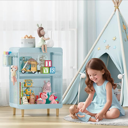 SYKIARIOL Kids Nightstand for Girls, Metal Bedside Table with 4 Hooks & Hanging Basket, 3-Tier Storage Shelf, Toddler Night Stand for Bedroom, Mint Green