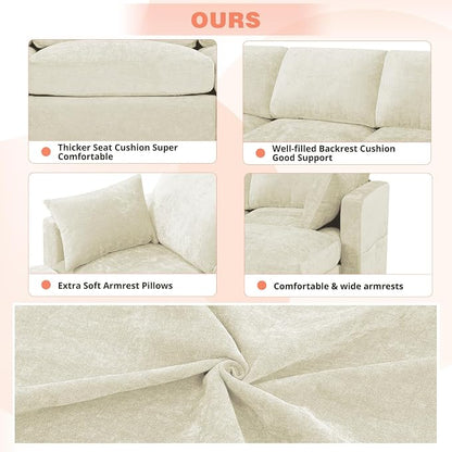 84” Chenille 3-Seats Sofa W/Movable Ottoman, Beige | Modern Fabric L-Shaped Couch w/Soft Backrests, Upholstered Sectional Sofa w/Arm Pillows for Living Room