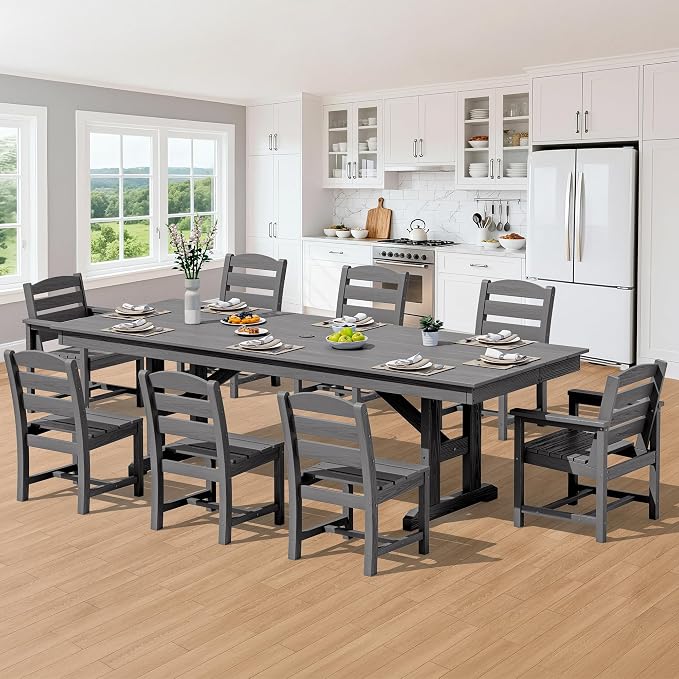 SERWALL 9 Piece 84" HDPE Outdoor Dining Set with 6 Armless Chairs, 2 Armchairs and Umbrella Hole for 8, Gray