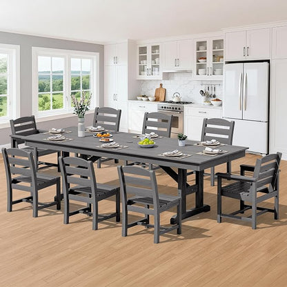 SERWALL 9 Piece 84" HDPE Outdoor Dining Set with 6 Armless Chairs, 2 Armchairs and Umbrella Hole for 8, Gray