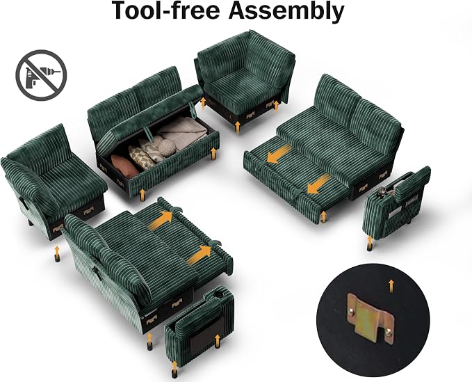 WEUP 111" Modular Sectional Sleeper Sofa with Pull Out Bed, 8 Seat Plush Corduroy U Shaped Couch with Storage Chaise|USB Ports|Cup Holders|Side Table|Storage Armrests, Tool Free Assembly, Green