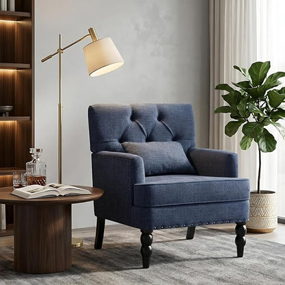 HUIMO Accent Chair for Living Room, Tufted Upholstered Club Chair with Lumbar Pillow, Vintage Reading Armchair with Solid Wood Legs for Bedroom Apartment, Indigo Blue