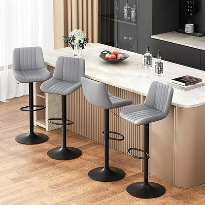 JAMFLY Modern Leather Bar Stools – Swivel & Height-Adjustable Bar Chairs with Footrest, Ergonomic Design for Kitchen Island, Home & Commercial Bar – Set of 4, Grey