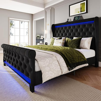Belffin King Size Bed Frame with Headboard,50" Tall Headboard Upholstered Velvet Platform Bed with LED Lights & 2 USB Port/1 Type C Port, Button Tufted, No Box Spring Needed,Noise Free,Black