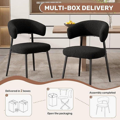Dining Chairs Set of 2, Mid Century Modern Kitchen Chairs, Boucle Upholstered Dining Chair with Curved Backrest & Metal Legs for Kitchen Dining Room, Black