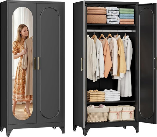 SteeLoong Metal Wardrobe Cabinet with Hanging Rod, 71" Tall Armoire Wardrobe Closet with Mirror Doors and Adjustable Shelves, Black Clothing Storage Cabinets for Bedroom, Laundry Room,Office