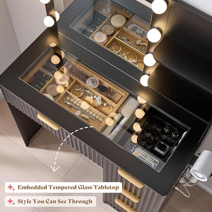 AMERLIFE 36.2" Fluted Vanity Desk with Mirror and Adjustable LED Lights, Large 4 Drawers Makeup Vanity Table with Glass Top and Charging Station for Women and Girls, Bedroom or Dorm, Black