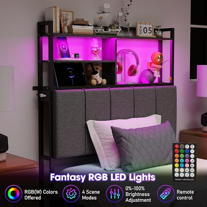 54.8" Tall Twin Size Headboard with 3-Tier Storage Shelves, Linen Upholstered Head Board with USB & Type C Port & LED Light, Soft Backrest for Twin Size Bed,Sturdy Headboard Only