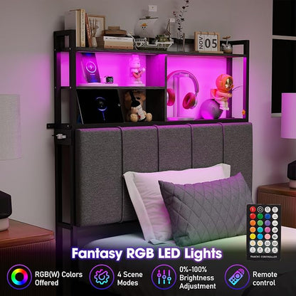 54.8" Tall Twin Size Headboard with 3-Tier Storage Shelves, Linen Upholstered Head Board with USB & Type C Port & LED Light, Soft Backrest for Twin Size Bed,Sturdy Headboard Only