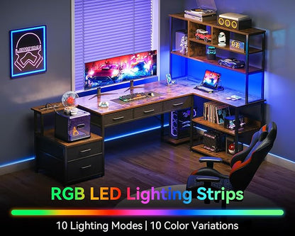 AODK 79 inch L Shaped Desk with 5 Drawers, Reversible L Shaped Gaming Desk with LED Light & 2 Power Outlets, Computer Desk with Storage Shelves for Home Office, Vintage