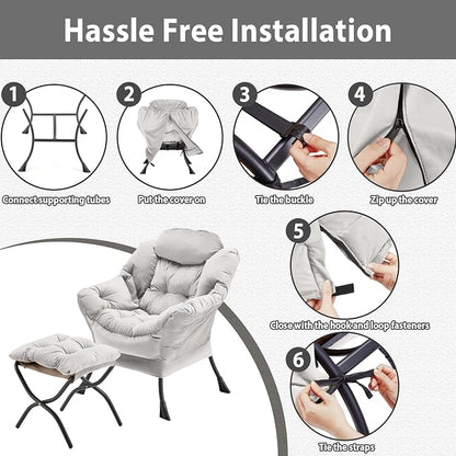 Youtanic Lazy Chair with Folding Ottoman, Accent Chair Velvet Upholstered with Metal Structure and Non-Slip Pads, Sofa Armchair with Footrest and Side Storage Bag for Dorm, Room, Office, Light Gray