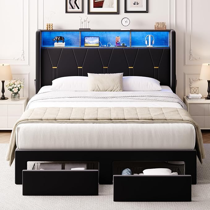 Allewie Queen Bed Frame with 2-Tier Storage Headboard, Charging Station & LED Light, Velvet Upholstered Platform Bed with 2 Drawers, Wingback Headboard, Gold Button Tufted, No Box Spring Needed, Black