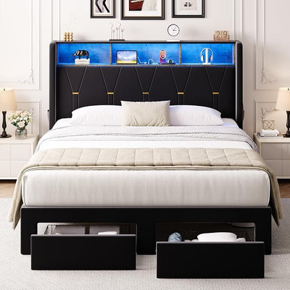 Allewie Queen Bed Frame with 2-Tier Storage Headboard, Charging Station & LED Light, Velvet Upholstered Platform Bed with 2 Drawers, Wingback Headboard, Gold Button Tufted, No Box Spring Needed, Black