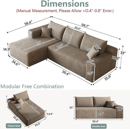 95" Modular Sectional Sofa, Modern Corduroy Cloud Couch with Side Pockets, Boneless Couch Upholstered 3-Seater L-Shaped Sofa for Living Room, No Assembly Required (Camel,Left-Facing Chaise)