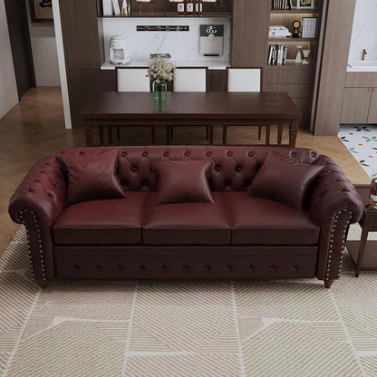 85.8" Tufted Leather Chesterfield Sofa with Storage, PU Chesterfield Couch with 3 Seats, Modern Chesterfield Sofa with Rolled Arm, Button Tufted Sofa for Living Room, Burgundy