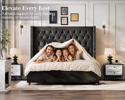 Jocisland King Bed Frame 61.4" Tall Headboard Velvet upholstered,Black | Full Back Support Wingback Headboard,Deep Button Tufted Hand-crafted Pleats,Squeak-Free Sleep,Solid Wood Legs,Easy Assembly