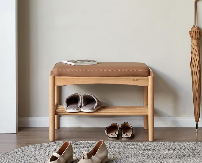 Solid Wood Shoe Bench Assembled, Shoe Rack Bench with Silicone Leather Cushion for Entryway, Living Room, Bedroom, Hallway, 11.8" x 23.6" x 16.5", Natural