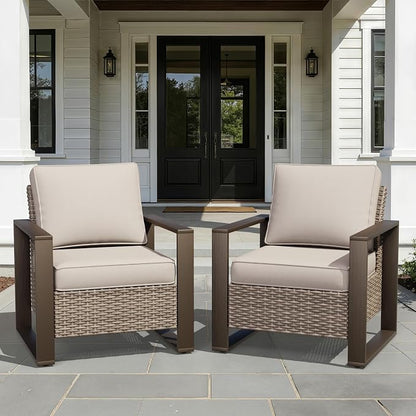 Joyside Outdoor Patio Chairs Set, 2 Pieces Wicker Rattan Chairs with Metal Wide Armrest, Thick Cushions and Deep Seating for Garden, Backyard, Porch, Deck