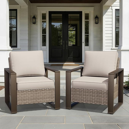 Joyside Outdoor Patio Chairs Set, 2 Pieces Wicker Rattan Chairs with Metal Wide Armrest, Thick Cushions and Deep Seating for Garden, Backyard, Porch, Deck