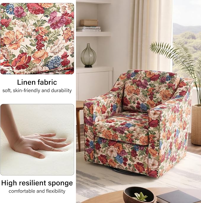 Swivel Accent Chair, Modern Round Barrel Arm Chair for Living Room, Bedroom, Comfy Club Reading Chairs for Adults (Beige Floral, Set of 1)
