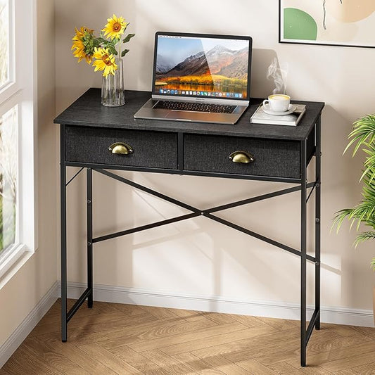 DAOUTIME Black Writing Desk for Kids Bedroom, 31.5 Inch Small Computer Desk for Small Spaces, Simple Desk with 2 Fabric Drawers for Home Office, Dorm, Living Room, Home Study Table, Black