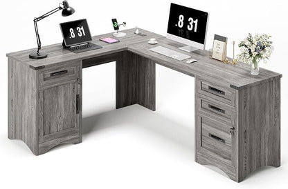 Decofy 67" Farmhouse L Shaped Standing Desk with Drawers Home Office Executive Desks with Fast Charging Station, Lockable File Cabinet, Wood Writing Computer Desk for Work, Study, Grey