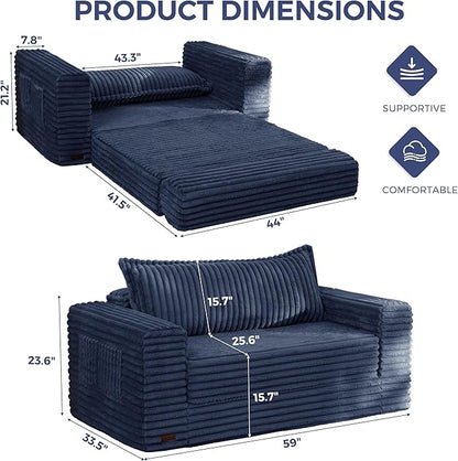 MAXYOYO Convertible Sofa Bed, 2 in 1 Folding Couch Bed for Small Space, Pull Out Loveseat Sofa Couch with Large Back Pillow, Plush Faux Fabric Lounge Couch for Living Room, Apartment, Navy