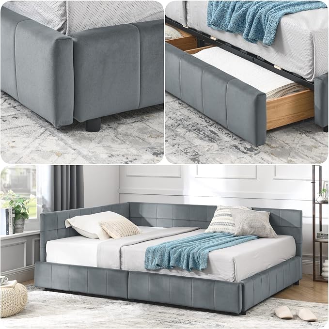 KEIKI Full Size L Shape Corner Bed Frames with 2 Storage Drawer, Backrest and Armrests, Velvet Upholstered Sofa Daybed for Small Room, Living Room, Bedroom, Guest Room, Kids' Room