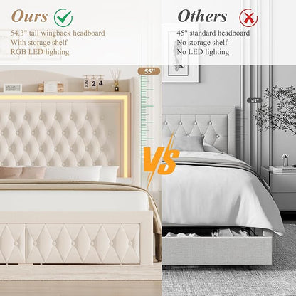 King Bed Frame 55" Tall Headboard with LED Lights, Buttons Tufted Velvet Upholstered Platform Bed Frame with 2 Storage Drawers, Wood Slats Support Mattress Foundation, No Box Spring Needed, Beige